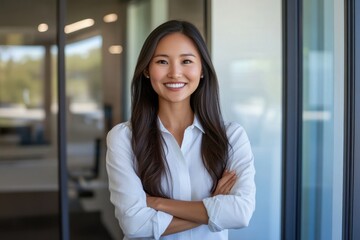 Professional woman confident pose crossed arms white button-up shirt long dark hair