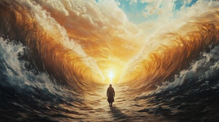 Moses parting the Red Sea, with towering walls of water	