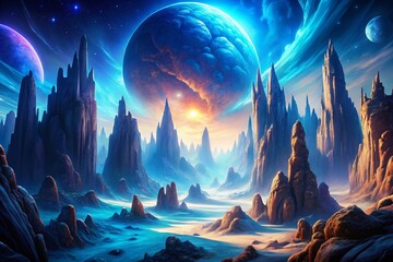 Obraz premium Enigmatic Alien Cavern with Jagged Rocks and Pulsating Energy in Deep Blue Hues, Inviting Exploration of Otherworldly Mystery and Intrigue in an Uncharted Landscape