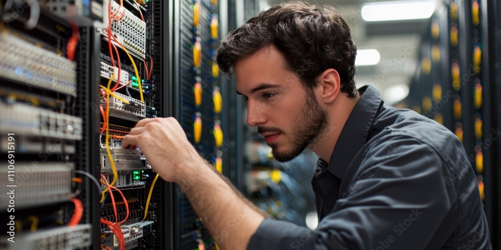 Poster technician configuring data infrastructure systems in server room high-tech environment close-up vie