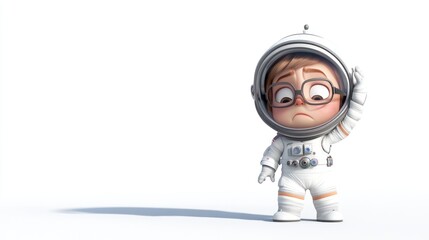 A young cartoon astronaut looks uncertain while waving in a minimalist space setting.