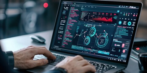 Data analysis in a modern office setting laptop displaying insights urban environment analytical concept