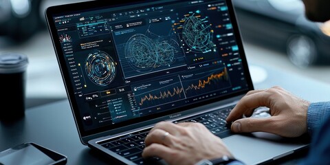 Data analysis session office digital workspace modern technology close-up view productivity insights