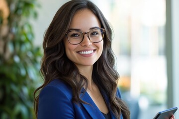 Professional woman corporate office tablet device glasses confident smile blue blazer long wavy hair