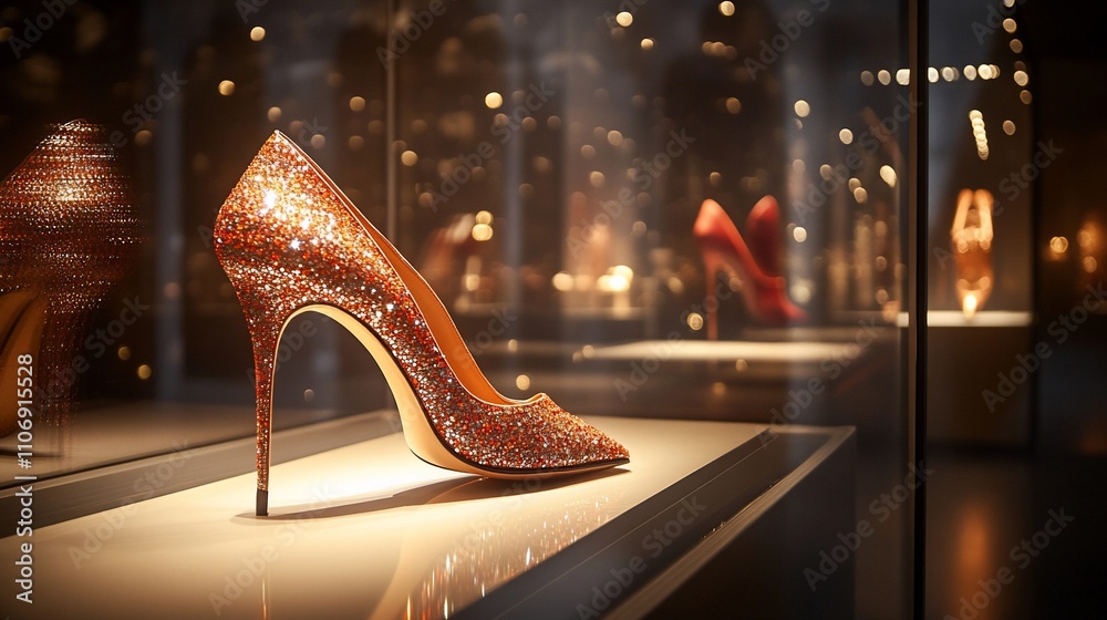 Poster a sparkling high-heeled shoe displayed in an elegant showcase.