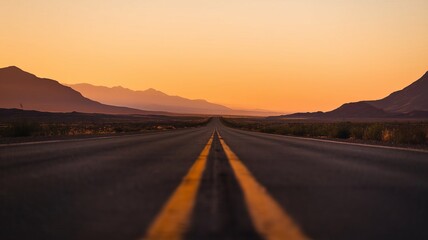 Naklejka premium The sunset painted the long highway with fiery hues that stretched all the way to the distant horizon.