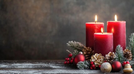 Beautiful Christmas candles stand on the table on the left with copy space for text on the right. X-mas decor on a red background with holidays green tree and red berry