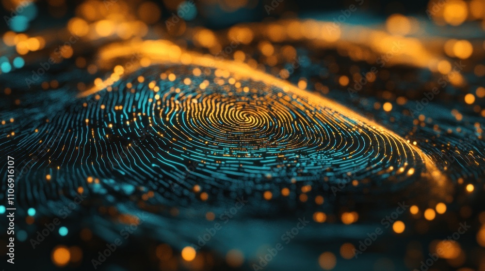 Poster Abstract representation of a fingerprint with glowing particles, symbolizing identity and technology.