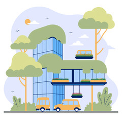 Eco-friendly urban skyline with sustainable architecture, renewable energy, and cranes lifting green symbols. Flat vector illustration for green building concepts.