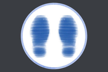 青い円の中に青いグラデーションの一組の足跡　立つ位置　止まれマーク 黒い背景　紳士靴