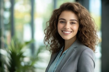 Professional woman mid-length curly brown hair warm smile grey blazer light blue blouse
