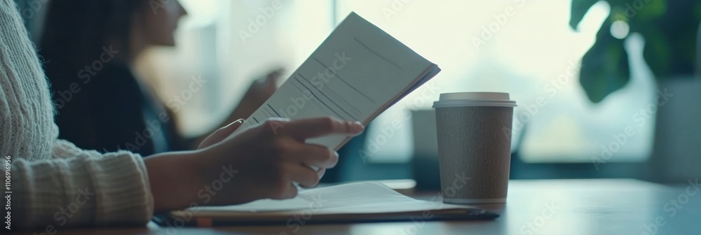 Poster a person reading a book with a coffee cup on a table in a cozy environment.