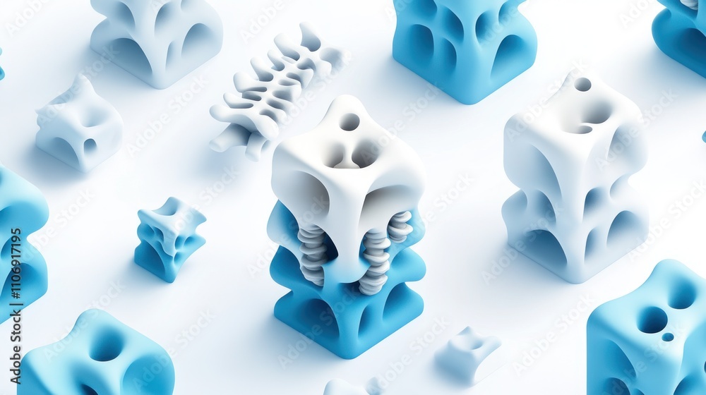 Aufkleber abstract blue and white structures resembling organic forms and spines on a light background.