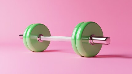Obraz premium Abstract metal barbell with green disks shaped handle isolated on pink background