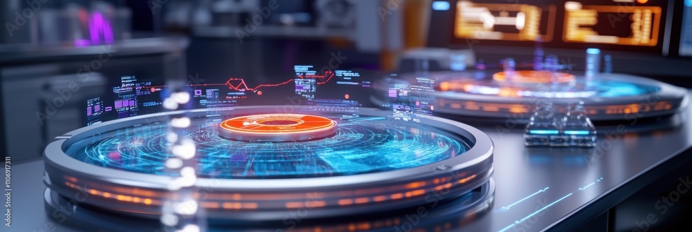 Aufkleber Futuristic interface with holographic displays and data visualization elements on a workspace.
