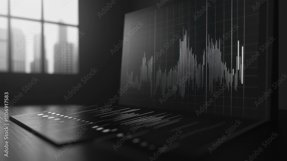 Poster a sleek laptop displaying a financial graph in a modern office setting.
