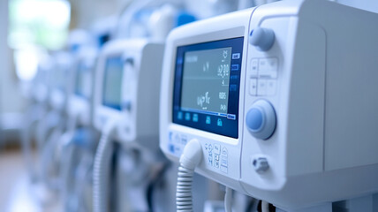 row of modern medical monitors displaying vital signs in hospital setting, highlighting advanced healthcare technology and patient monitoring systems