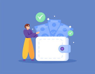the concept of e-wallet or electronic wallet. safe and reliable online money storage or banking. illustration of a man with a wallet containing money. customers and finance. flat style design. element