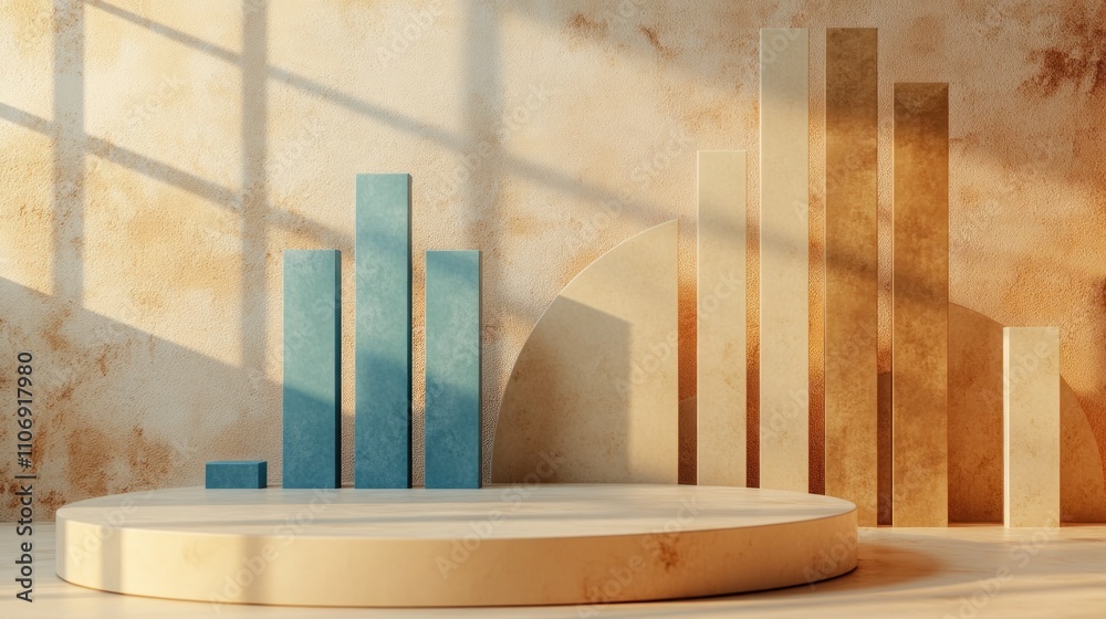 Poster A minimalist display with geometric shapes and bar graphs in warm tones.