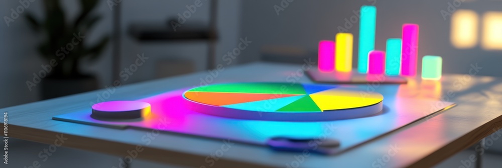 Aufkleber A colorful data visualization setup featuring pie and bar charts on a table.