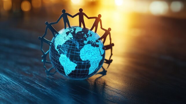 Global unity figures holding hands around a glowing Earth.
