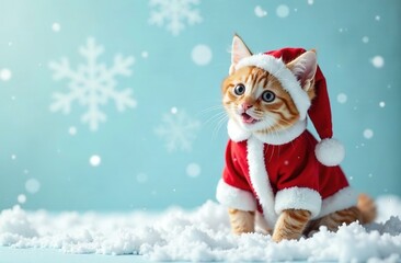 A cat in a Santa costume smiles while sitting in the snow. The background is pale blue with snowflakes. The kitten is happy. Merry Christmas, happy New Year. A place for the text. A web banner.