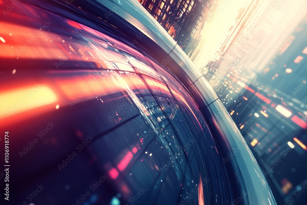Poster a dynamic, futuristic cityscape with vibrant lights and a curved perspective.