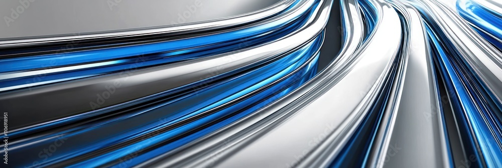 Poster abstract image featuring smooth metallic curves with blue accents, suggesting motion and technology.