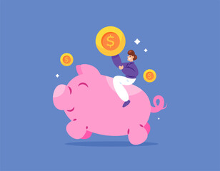 concept let's save for the future. save money into a piggy bank. finance, investment, and preparation. illustration of a young man happy and riding a pink pig. flat style design. element