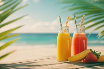 Obraz premium Tropical beach smoothies colorful fruit juices in glass bottles strawberry banana orange flavors