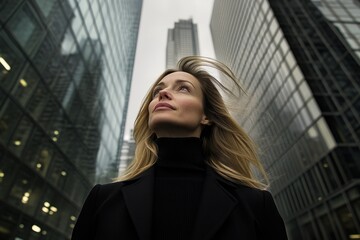 Fototapeta premium Urban businesswoman confident posture black coat turtleneck sweater wind-blown hair