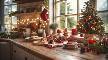 A cozy, festive kitchen decorated for Christmas, with warm ambient lighting. a centerpiece of pinecones, red candles, and greenery. The window is framed with twinkling fairy lights.