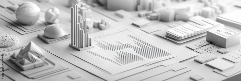 Fototapete a monochromatic 3d model showcasing abstract shapes and structures, possibly for design purposes.