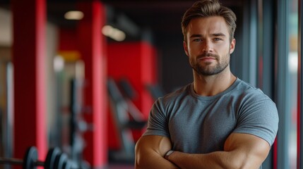 Naklejka premium Young man posing confidently in a gym with red walls and equipment with copy space for text, gym advertising, gym poster advert, healthy life ad