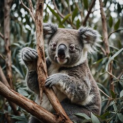 Fototapeta premium A sleepy koala hugging a white branch.