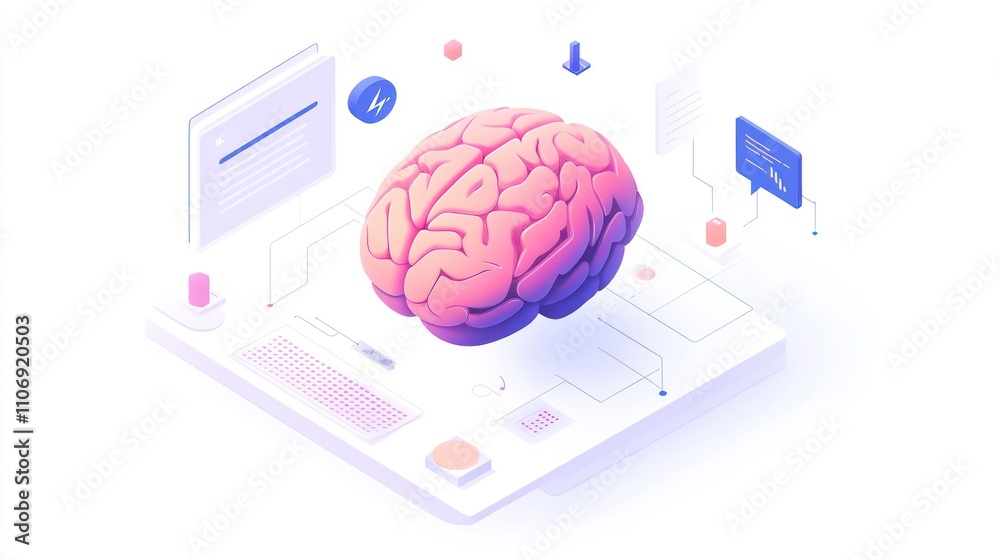 Poster an illustration of a brain surrounded by digital elements, symbolizing knowledge and technology.