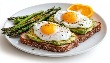 Healthy food mashed avocado on whole grain bread toast with eggs, asparagus, and orange on a white plate