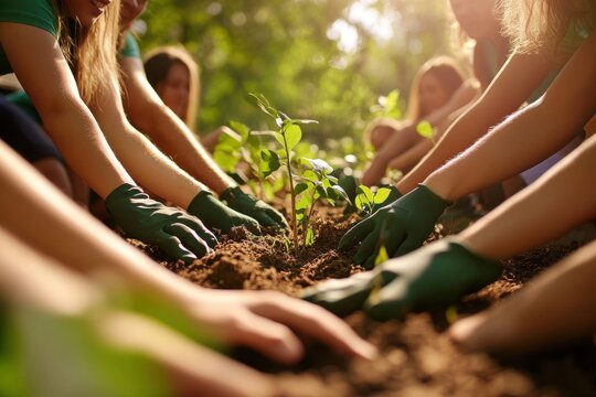 Volunteers planting trees community gardening environmental conservation young people outdoors