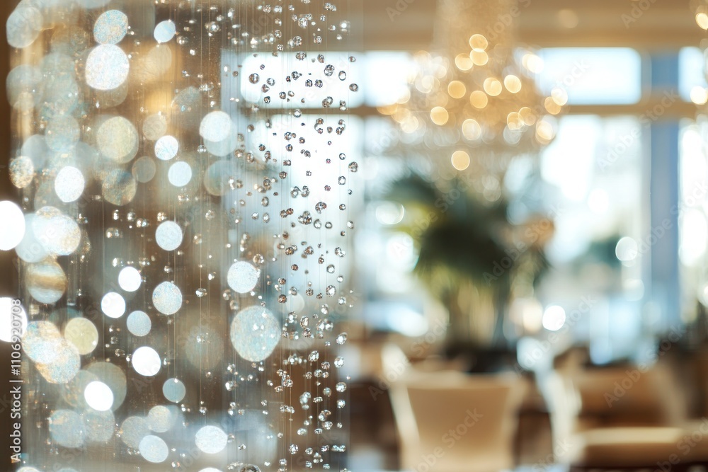 Aufkleber a blurred interior scene with sparkling droplets and soft bokeh lights.