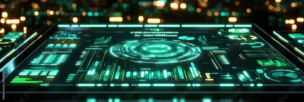Aufkleber Futuristic digital interface with glowing graphics and data visualization elements.