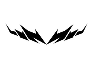 A symmetrical, abstract black tribal design with sharp, jagged edges, resembling lightning bolts or wings, set against a white background.