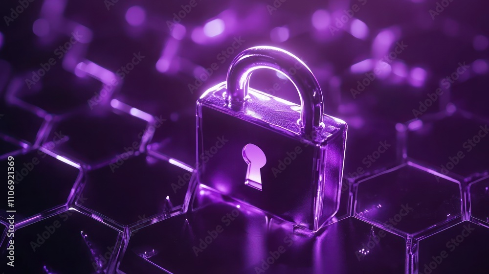 Aufkleber a glowing purple padlock on a hexagonal surface, symbolizing security and protection.