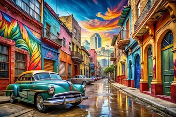 Obraz premium Exploring Urban Arts from the 50s: Capturing Vibrant Street Murals, Retro Graffiti, Vintage Architecture, and Nostalgic Cityscapes in a Colorful Urban Environment