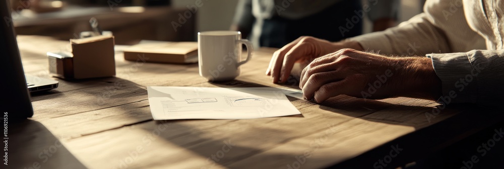 Aufkleber a person's hand rests on a table with a cup and papers, suggesting a work or brainstorming session.