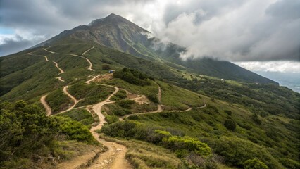 An intricate network of winding trails visible on a rugged mountainside leading towards an inviting summit framed by clouds.