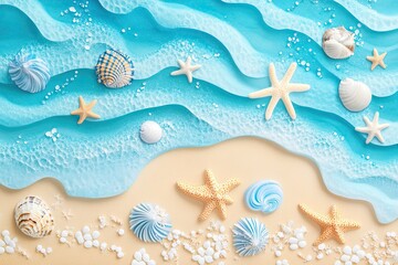 Plakat summer background with sea sand and sea waves, top view 