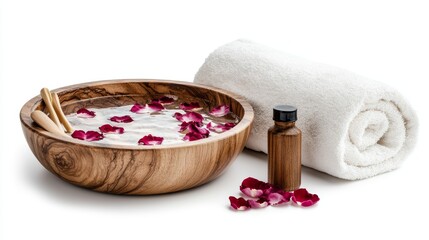 Self care routine a bowl of water and rose petals with white towel and essential oil isolated on white background