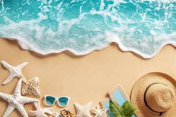 Plakat summer background with sea sand and sea waves, top view 