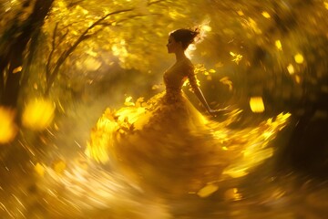 Obraz premium Ethereal depiction of a woman in a golden leaf dress, surrounded by swirling leaves in motion blur, dreamy bokeh, vibrant fall woods, serene autumn vibe 1