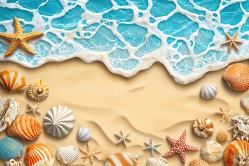 Plakat summer background with sea sand and sea waves, top view 